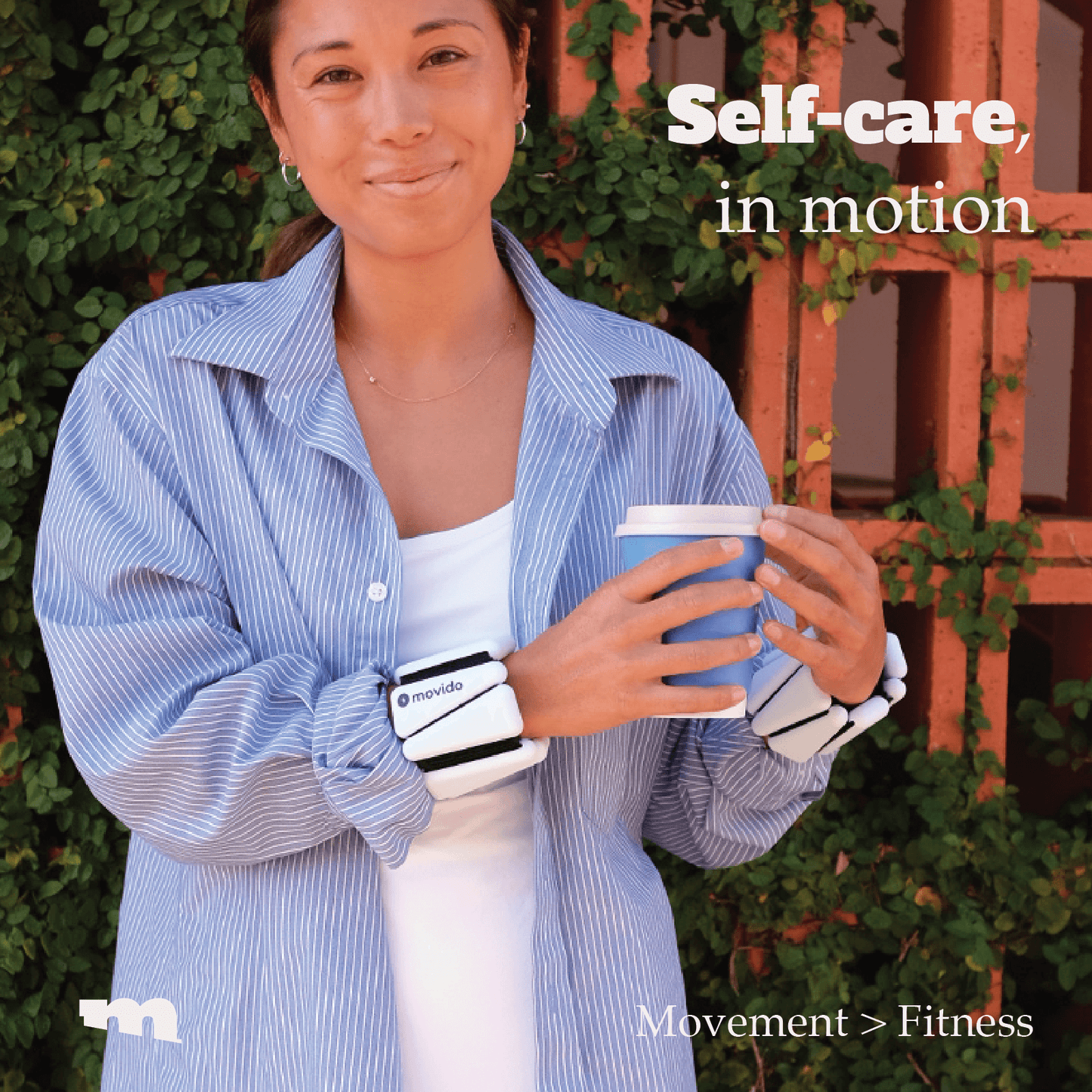 ocean blue women's wrist and ankle weights while on the go getting coffee.